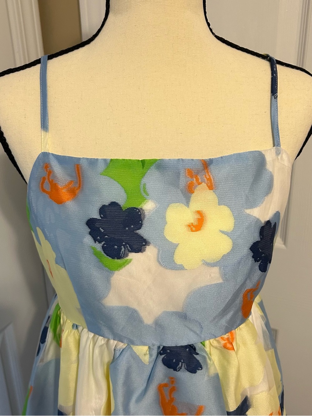Entro Floral Organza Mini Dress Blue Yellow Tie Back Watercolor Boutique Sz L - Picture 9 of 12